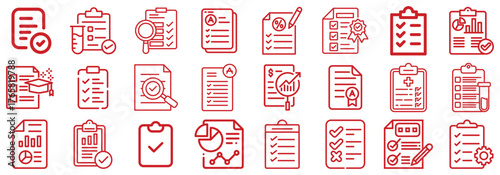 Red Icons of Checklists, Reports, and Scientific Documents
