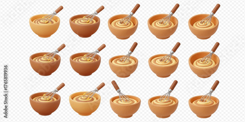 Multiple bowls of yellow sauce with whisks, arranged in a grid pattern.