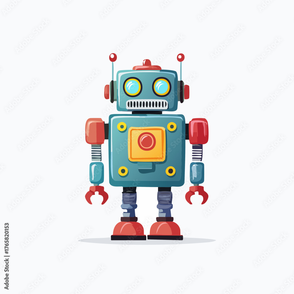 Naklejka premium Cartoon Robot Illustration with Square Body and Red Accents.