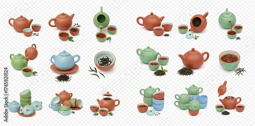 Collection of teapots and cups in various colors and styles arranged on a surface.