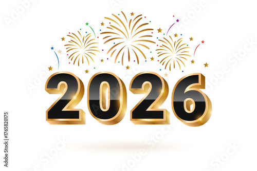 Celebratory golden new year 2026 typography with vibrant fireworks display evokes optimism and festive anticipation.