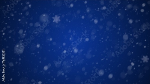 Snowfall Christmas background. Subtle flying snow flakes and stars on dark blue night background. Beauteous winter silver snowflake overlay template. Simple background for christmas.