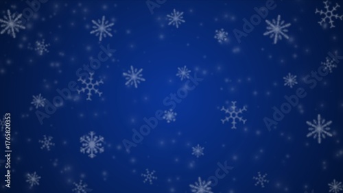 Snowfall Christmas background. Subtle flying snow flakes and stars on dark blue night background. Beauteous winter silver snowflake overlay template. Simple background for christmas.