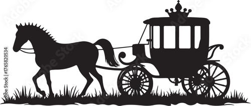 Black silhouette of a horse pulling a carriage on grass