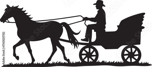 Black silhouette of a horse pulling a carriage with a driver
