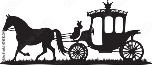 Black silhouette of a horse pulling a carriage with a driver