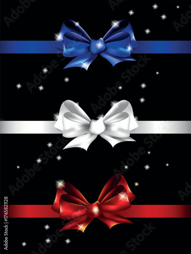 Colorful red ribbons and bows on black background, vector illustration