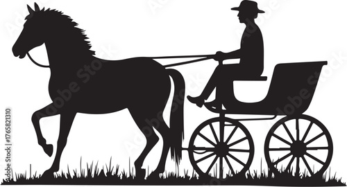 Black silhouette of a horse pulling a carriage with a person
