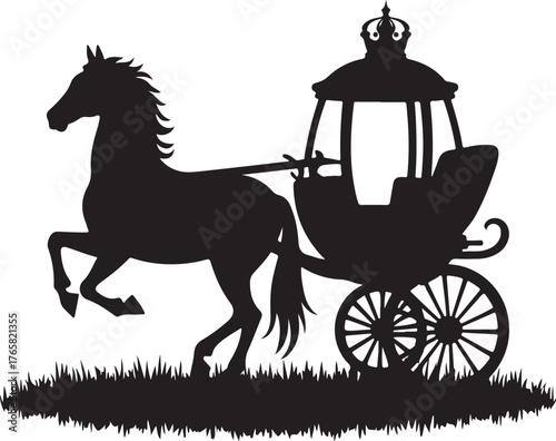 Black silhouette of a horse pulling a carriage with crown