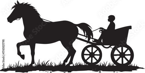 Black silhouette of a horse pulling a cart with a person