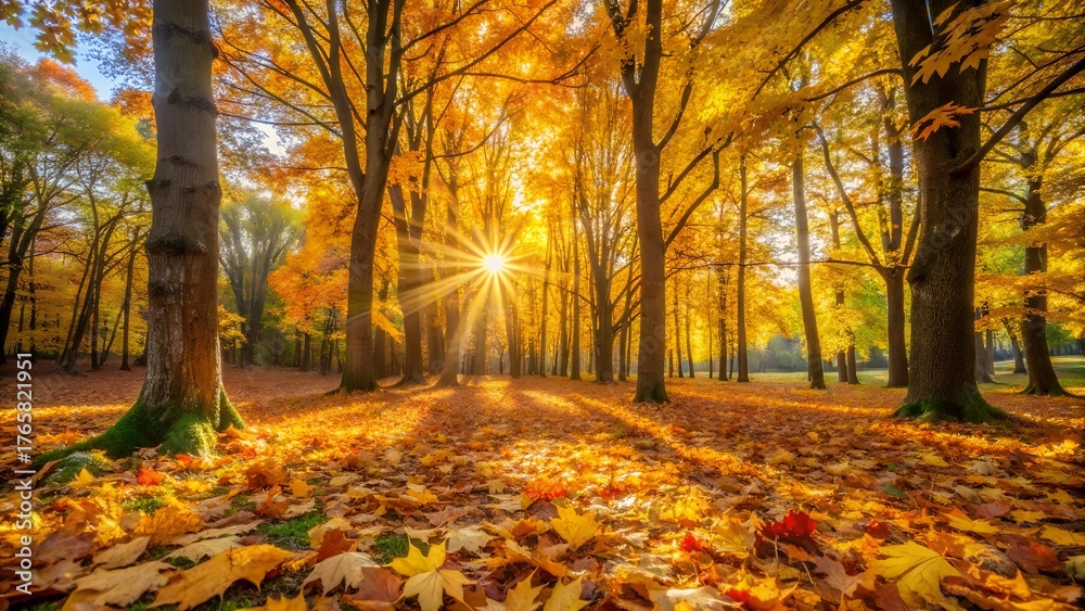 Obraz premium Sunbeams streaming through a dense forest canopy in autumn, illuminating a path covered in fallen golden and orange leaves, creating a breathtaking and serene natural landscape during the fall season