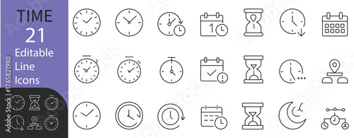 Time and Scheduling line icon set. Contains symbols for clock, calendar, deadline, hourglass, and workflow management. Editable vector design for web, app, and corporate presentations.