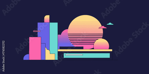 Minimalist vector illustration of a retro futuristic city skyline with neon colors and sunset background. Perfect for synthwave design, vaporwave posters, album covers, digital art, and sci-fi