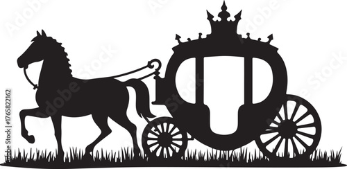 Black silhouette of a horse pulling a royal carriage