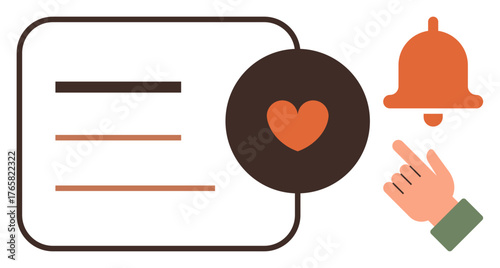 Notification interface with a heart icon, hand pointing toward orange alert bell, and list view. Ideal for digital interaction, reminders, alerts, messaging, preferences, UXUI and engagement