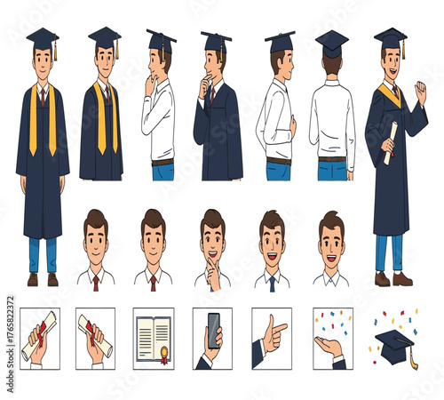 Illustration of a male graduate in various poses and expressions, wearing a graduation gown and cap, isolated on white background, showcasing different angles and accessories for academic achievement