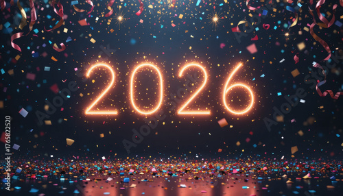 Minimalist New Year background with neon glowing numbers ‘2026’ surrounded by confetti, streamers, and sparkles on a dark backdrop