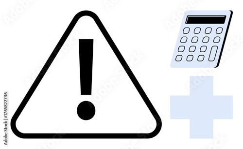Bold exclamation point in triangular caution sign, calculator, and plus sign. Ideal for finance, accounting, education, risk management, math error, alert messaging and numeric problem-solving