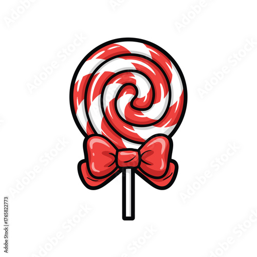 Outline Art Icon: Red and White Swirl Lollipop with Thin Stick for Sweet Snack Graphic Design