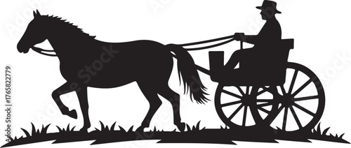 Black silhouette of horse pulling carriage with driver