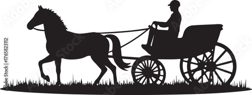 Black silhouette of horse pulling carriage with driver on grass