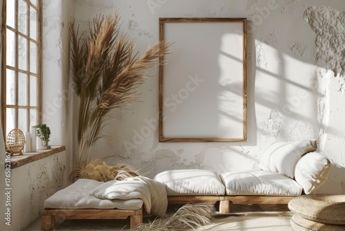 Fototapeta Naklejka Na Ścianę i Meble -  Mockup frame in minimalist nomadic interior background, 3d render