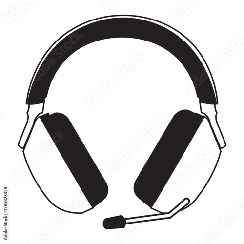 Gaming Headset or Customer Service Headphone Icon, Black and White Line Art Simple Vector Illustration