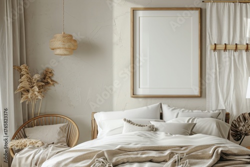 Fototapeta Naklejka Na Ścianę i Meble -  Mockup frame in light cozy and simple bedroom interior background, 3d render