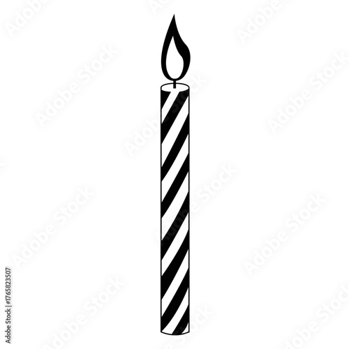 Black and White Striped Birthday Candle Icon Vector Outline with Flame for Celebration Design
