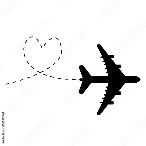 Airplane Silhouette with Heart Shaped Contrail Trail Vector Icon for Travel and Romance