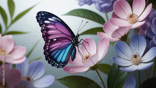 Beautiful butterfly with vibrant purple and blue wings rests on a delicate pink flower