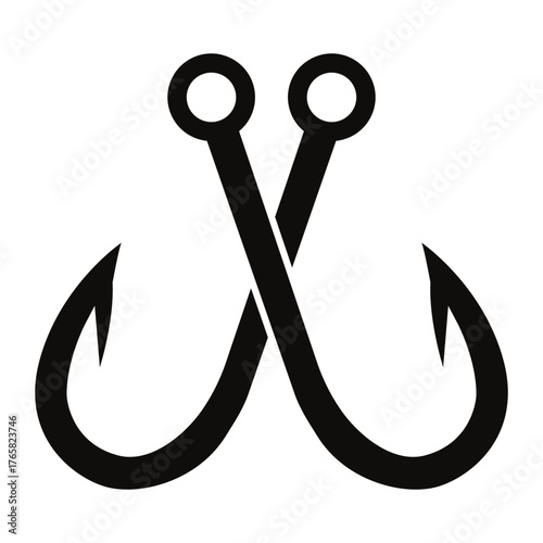 Crossed Fishing Hooks Black Silhouette Icon, Angling, Danger, and Nautical Symbol Vector