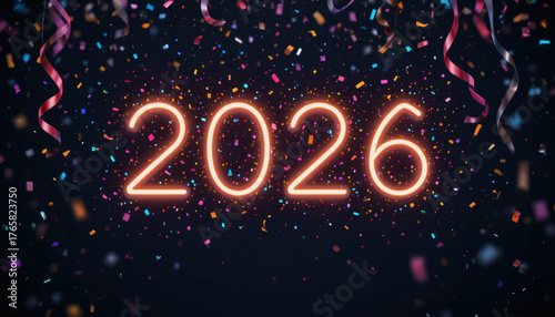 Minimalist New Year background with neon glowing numbers ‘2026’ surrounded by confetti, streamers, and sparkles on a dark backdrop