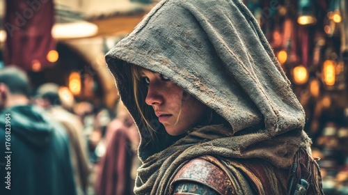 brave female jedi walking through a market in Tatooine