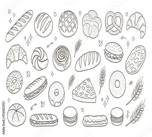 Detailed line art illustration of various breads and pastries, including baguette, croissant, donut, and sandwich, isolated on white background perfect for bakery or foodrelated designs