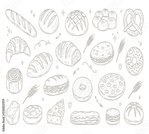 Detailed line art illustration of various breads and pastries, including baguette, croissant, donut, and sandwich, isolated on white background perfect for bakery or foodrelated designs