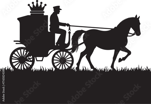 Silhouette of horse drawn carriage with driver and crown