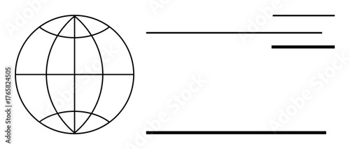 Globe with latitude and longitude lines next to horizontal bars symbolizing global connection, communication, and direction. Ideal for technology, networking, geography, global business, logistics