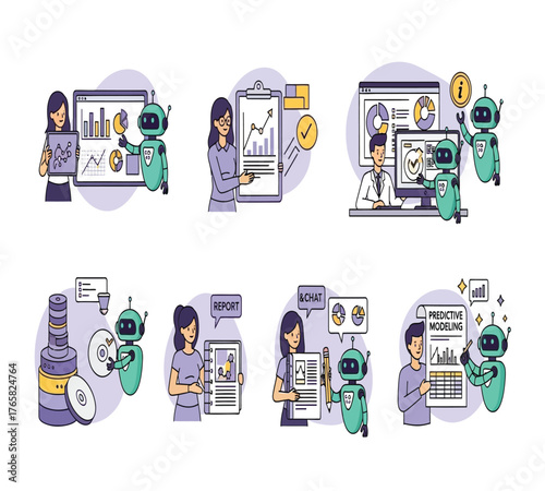Illustrations demonstrating the collaboration between humans and ai in data analysis, featuring scenarios like report creation, chart analysis, and database handling, isolated on white background