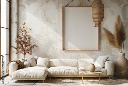 Fototapeta Naklejka Na Ścianę i Meble -  Mockup frame in farmhouse living room interior, 3d render