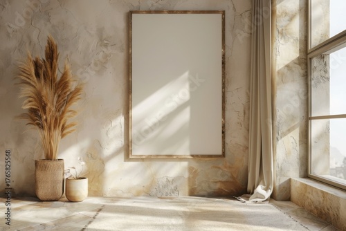 Fototapeta Naklejka Na Ścianę i Meble -  Mockup frame in minimalist nomadic interior background, 3d render