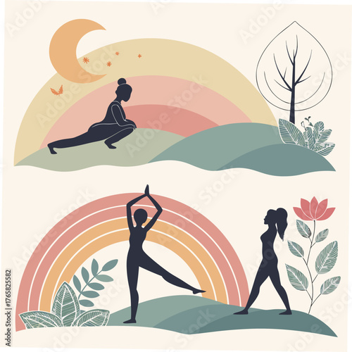 Yoga and Mind Body Connection Vector Illustration Set
