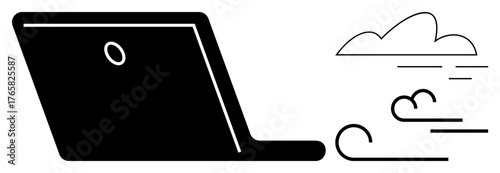 Open laptop with wind-thumbs up flowing lines and cloud, symbolic of remote work, data sharing, cloud storage, fast network, telecommuting, digital efficiency. Ideal for technology, collaboration