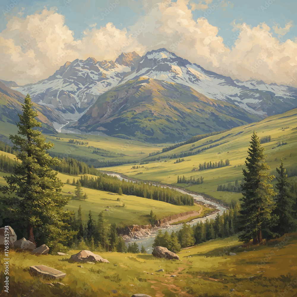 Obraz premium A beautiful oil painting of a majestic mountain range with snow caps towering over a lush green valley with pine trees and a winding river