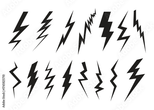 Set of various black lightning bolts, electric shock and thunder icons