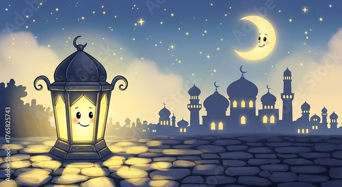 Festive Night Landscape with Glowing Lantern and Mosque Silhouettes