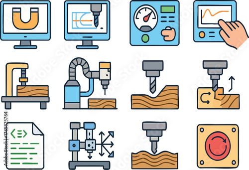 CNC Wood Machining Icons Set include, Computer-aided design input, Tool path generation, Spindle speed control, Feed rate optimization etc.