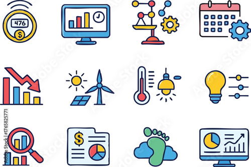 Energy Management Automation Icons Set include, Smart meter integration, Real-time consumption monitoring, Load balancing algorithms, Predictive maintenance scheduling etc.