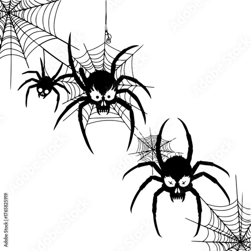 Gothic Punk Spider Silhouettes with Skull Faces and Chaotic Webs

