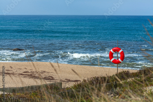 A red and white lifebuoy stands on a post overlooking a sandy beach
